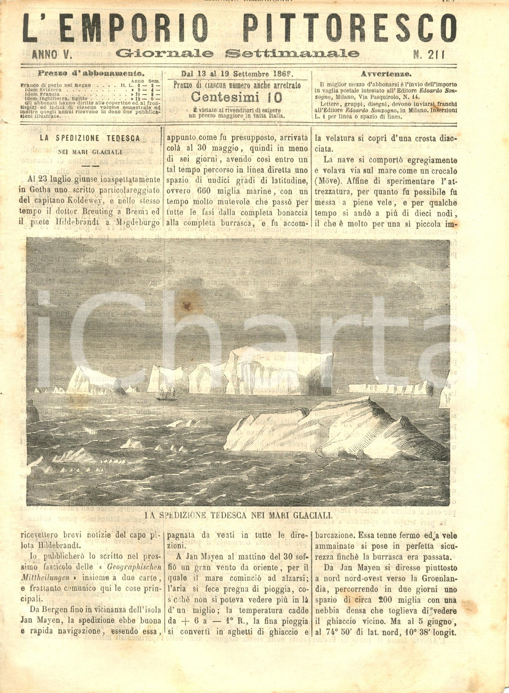 Giornale, rivista storica 1868 L EMPORIO PITTORESCO Spedizione tedesca nei mari glaciali  RIVISTA 1