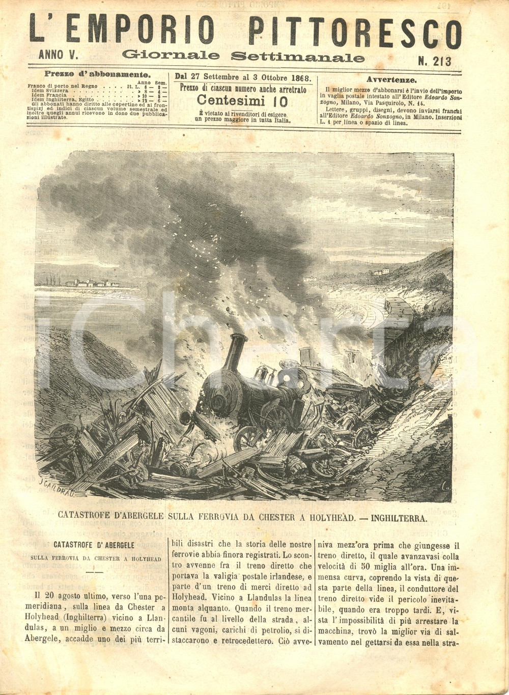 Giornale, rivista storica 1868 L EMPORIO PITTORESCO Catastrofe da Chester a Holyhead Rivista ILLUSTRATA 1