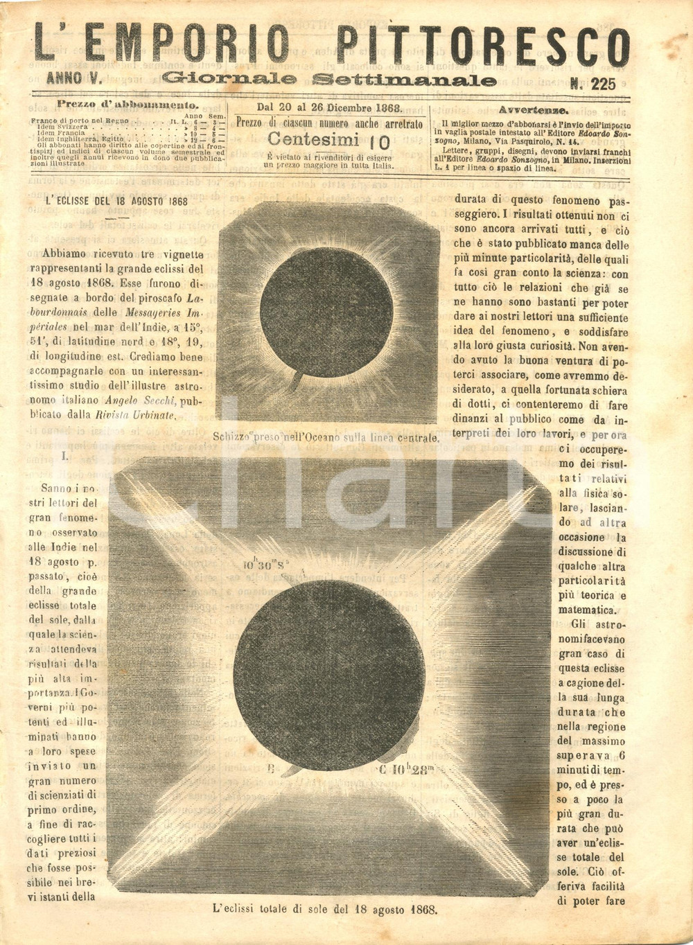 Giornale, rivista storica 1868 L EMPORIO PITTORESCO L eclisse del 18 agosto 1868  Esequie Rossini RIVISTA 1