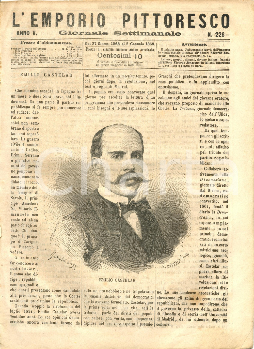 Giornale, rivista storica 1868 L EMPORIO PITTORESCO Eclisse del 18 agosto  funerali di ROSSINI Rivista 1