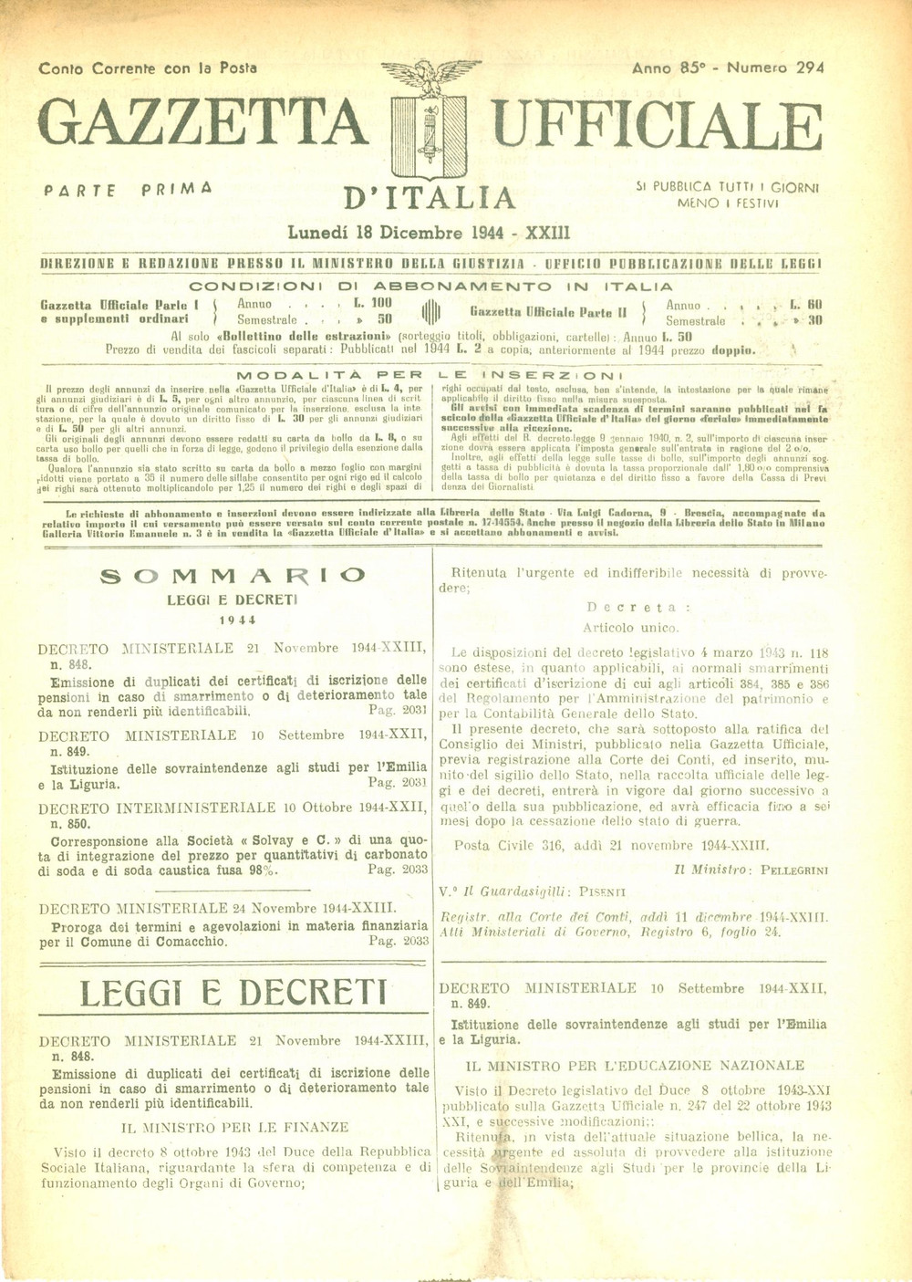 Documento originale, autentico 1944 GAZZETTA UFFICIALE RSI Istituzione Sovraintendenze studi EMILIA e LIGURIA 1