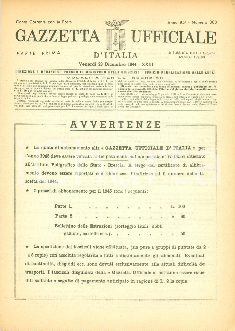 Documento originale, autentico 1944 GAZZETTA UFFICIALE RSI Stop agevolazioni su zucchero per marmellata 1