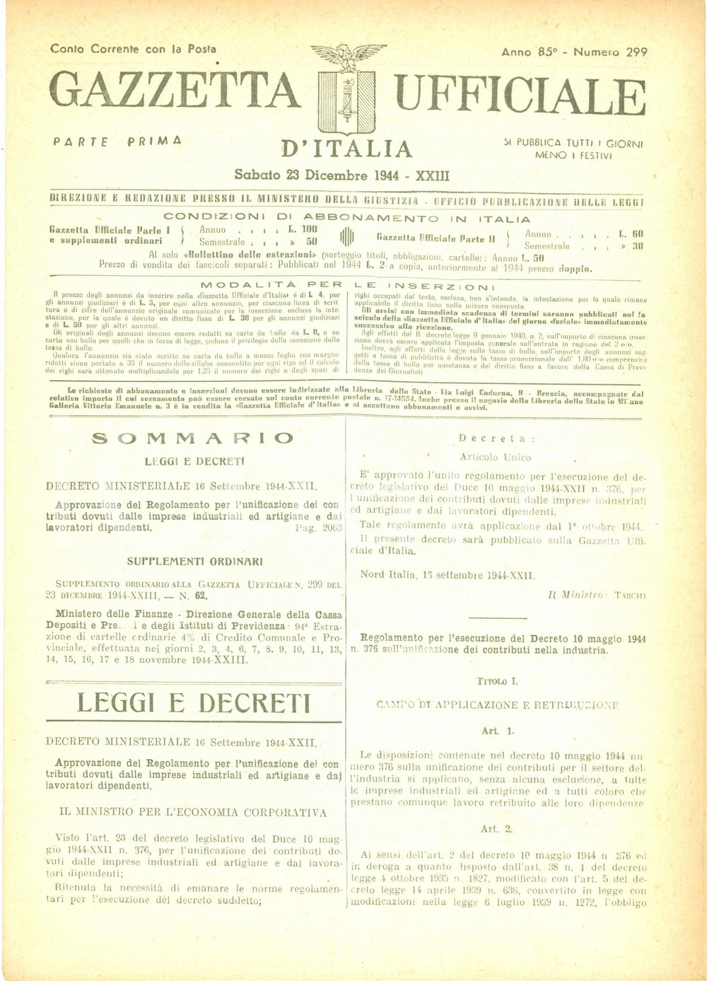 Documento originale, autentico 1944 GAZZETTA UFFICIALE RSI Regolamento contributi imprese industriali artigiane 1