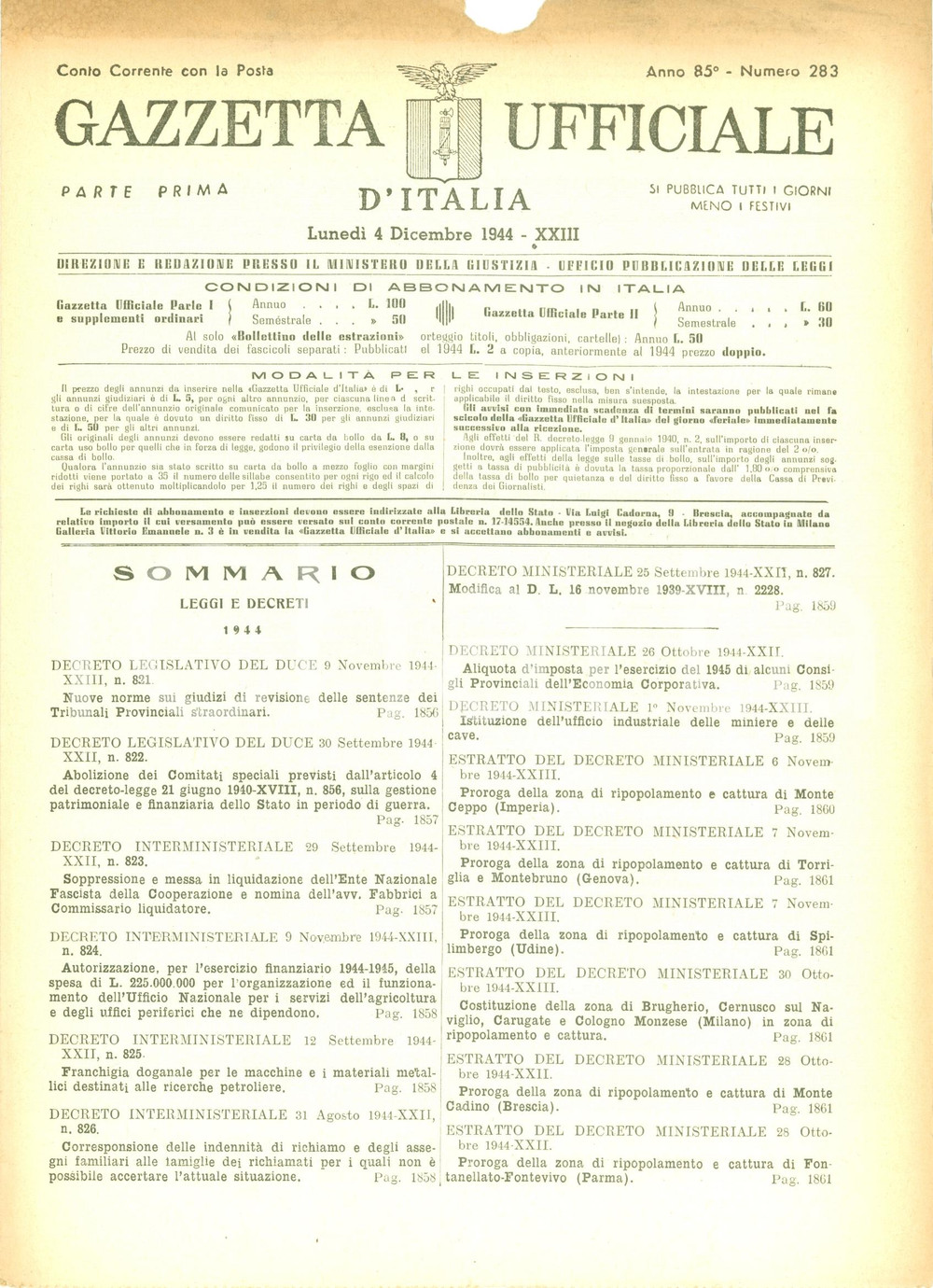 Documento originale, autentico 1944 GAZZETTA UFFICIALE RSI Istituzione Ufficio industriale miniere e cave 1