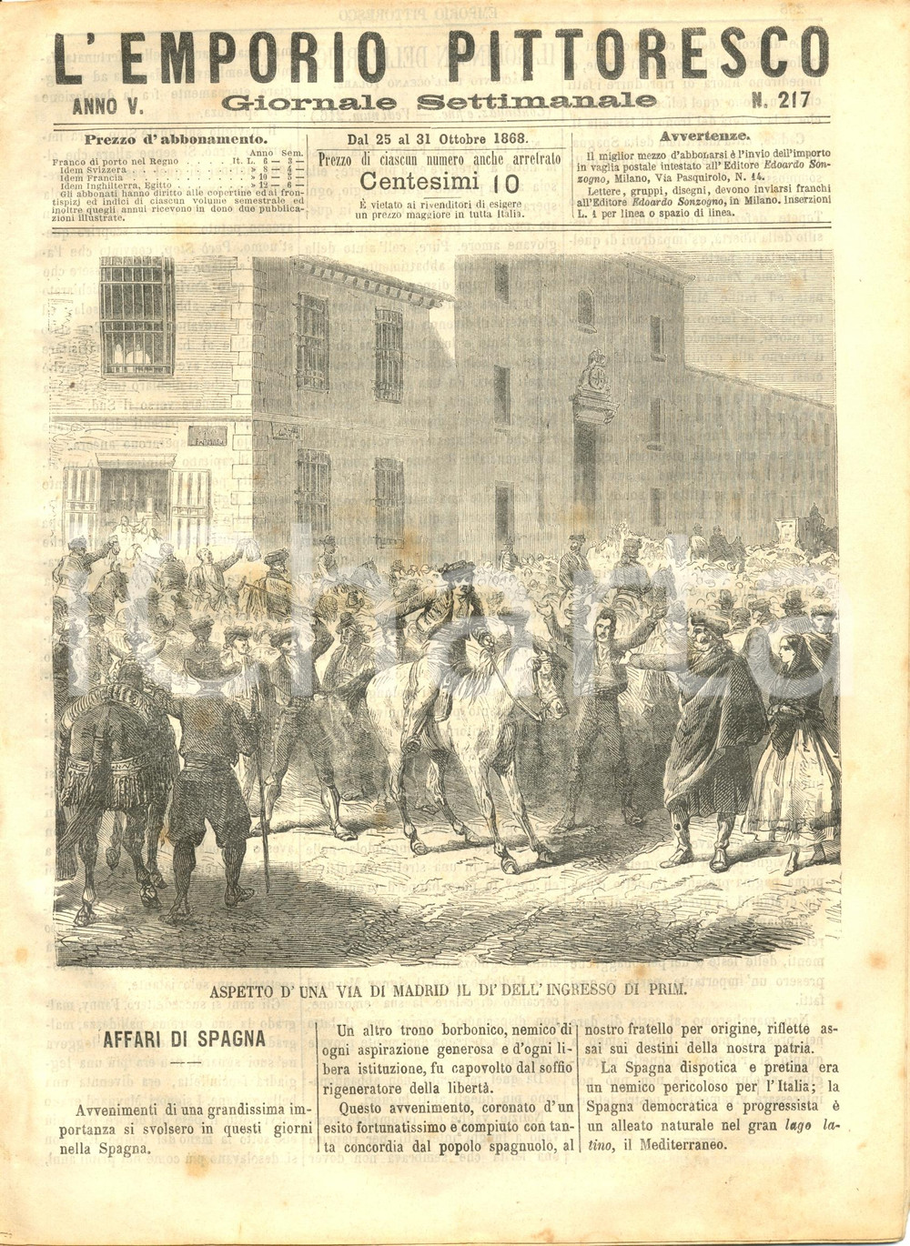 Giornale, rivista storica 1868 L EMPORIO PITTORESCO Affari di Spagna  Catastrofe di Metz Rivista 1