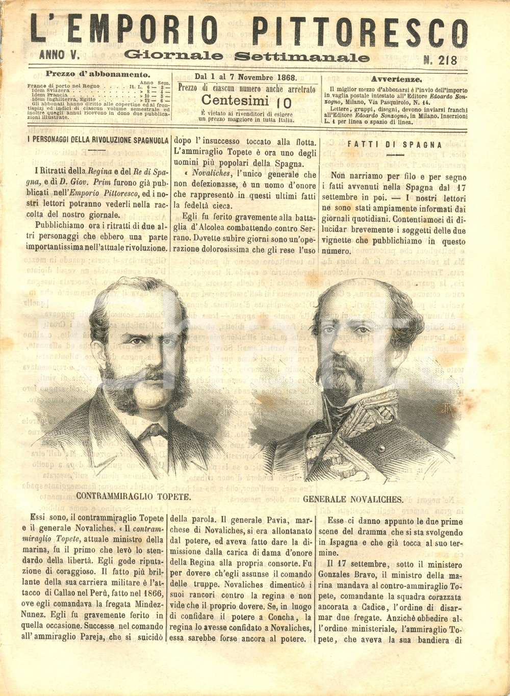 Giornale, rivista storica 1868 L EMPORIO PITTORESCO Personaggi della Rivoluzione Spagnola Rivista 1