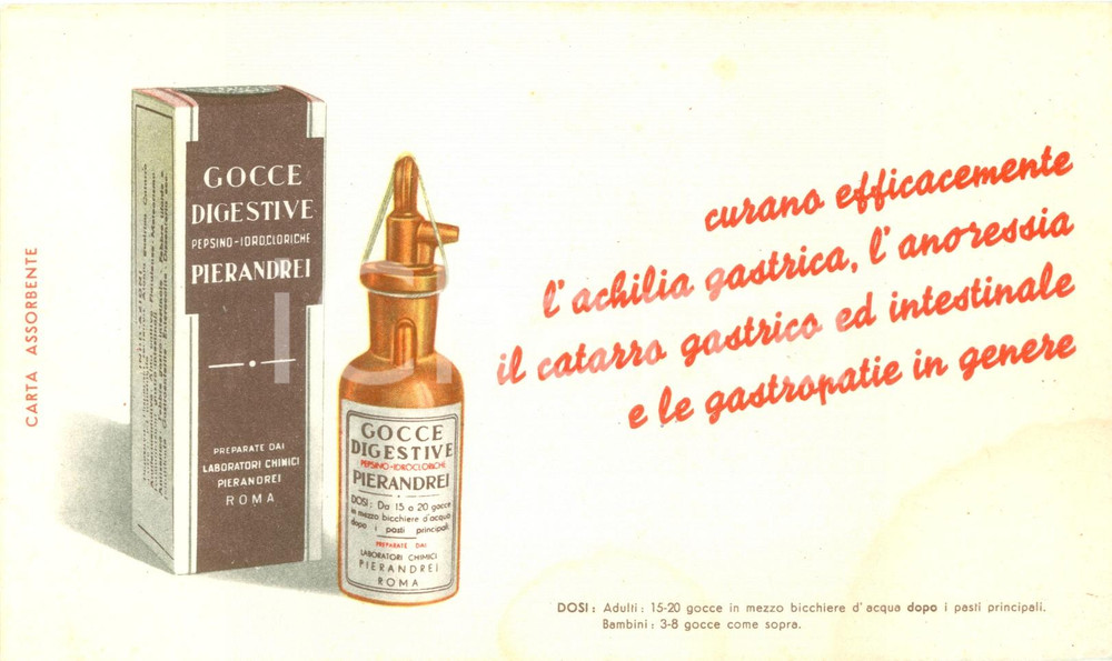 Materiale pubblicitario d’epoca 1950 ROMA Gocce digestive Laboratori PIERANDREI Carta assorbente Farmaceutica 1 1