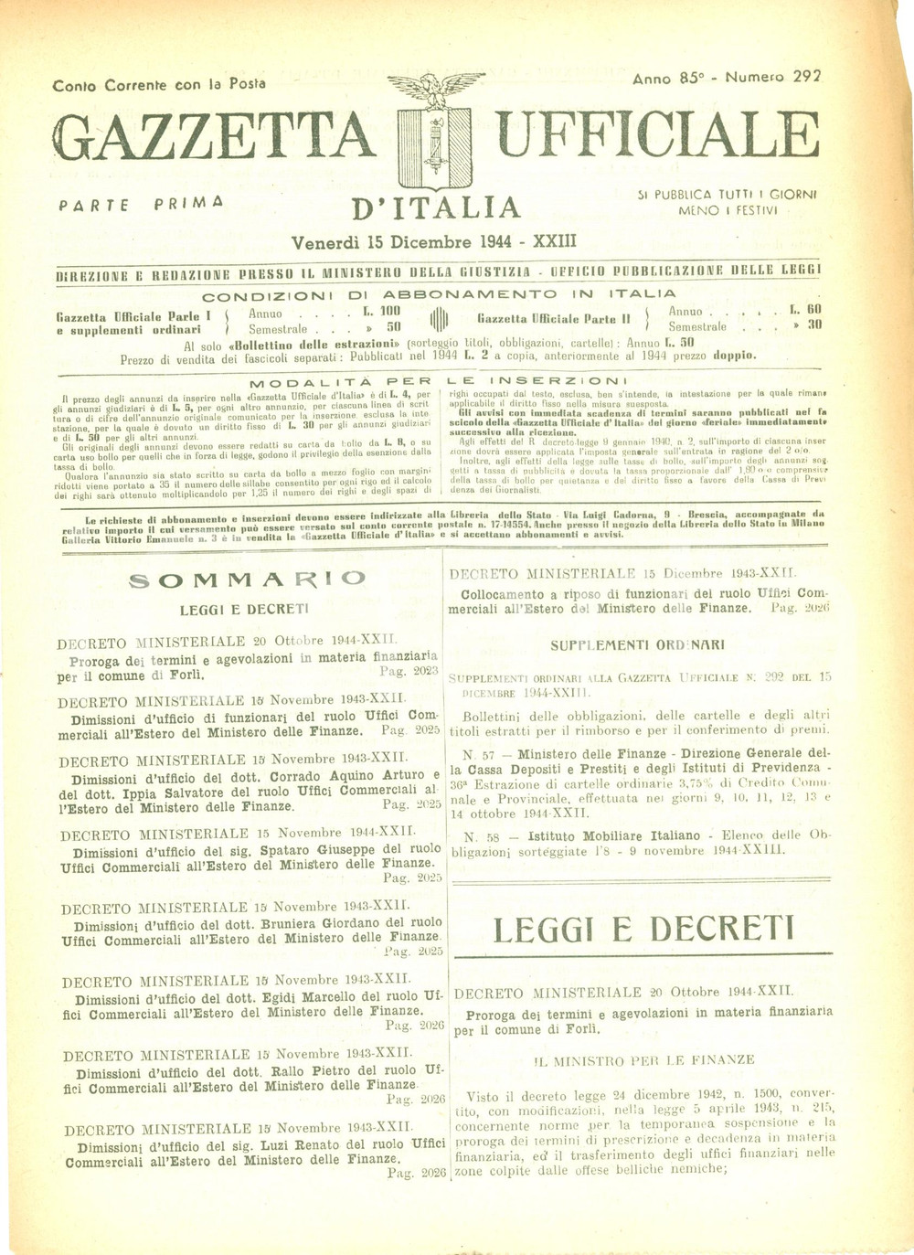 Documento originale, autentico 1944 GAZZETTA UFFICIALE RSI Proroga tasse FORLI  per edifici sinistrati sfollati 1