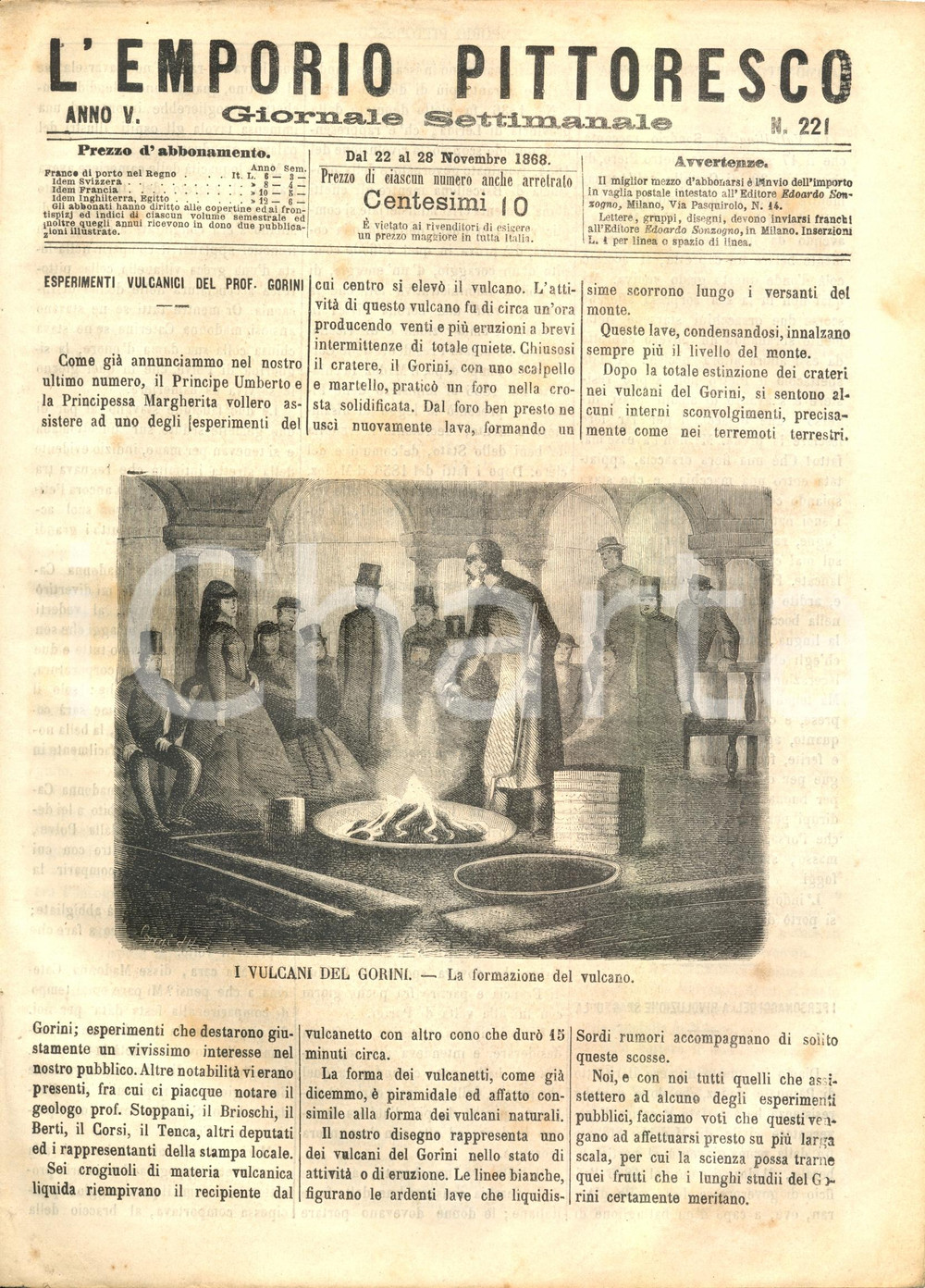 Giornale, rivista storica 1868 L EMPORIO PITTORESCO Principe UMBERTO assiste a esperimento GORINI Rivista 1