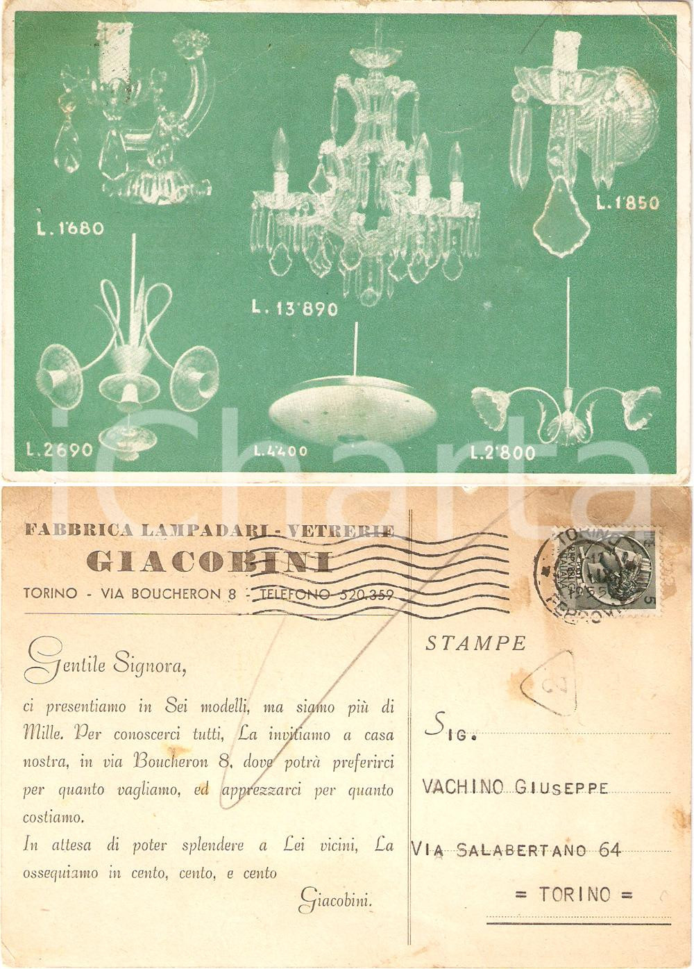 Cartolina originale da collezione 1955 TORINO Lampadari vetrerie GIACOBINI Cartolina commerciale ILLUSTRATA 1