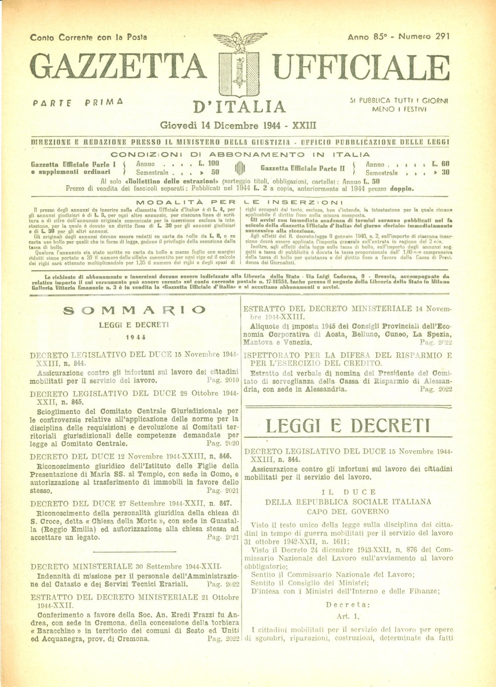 Documento originale, autentico 1944 GAZZETTA UFFICIALE RSI Assicurazione INFPS cittadini mobilitati per guerra 1