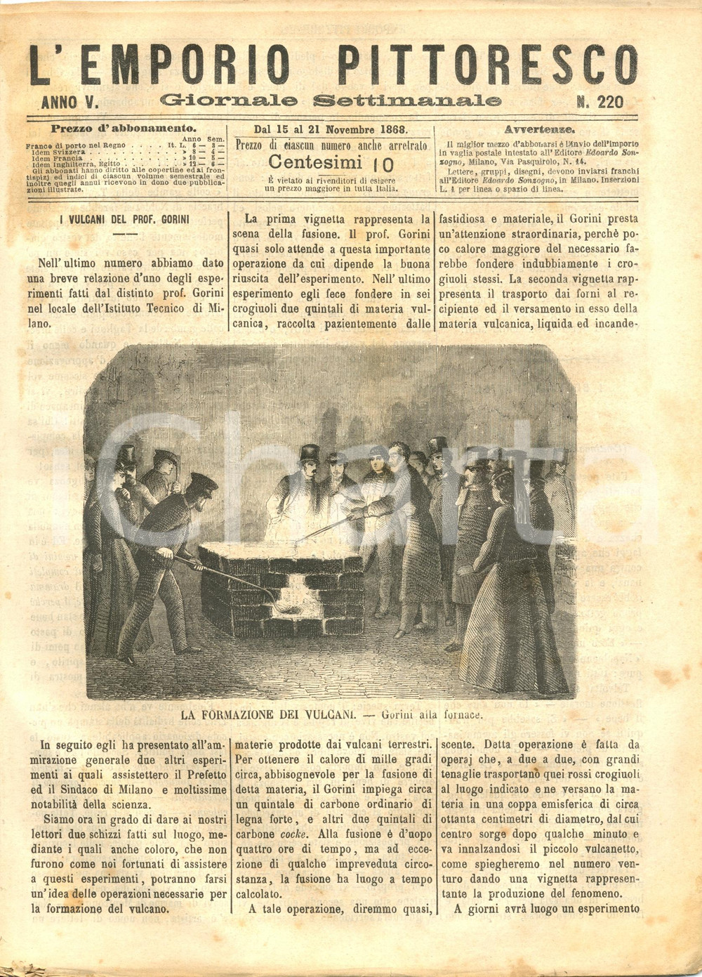 Giornale, rivista storica 1868 L EMPORIO PITTORESCO I vulcani del professor GORINI  Rivista ILLUSTRATA 1