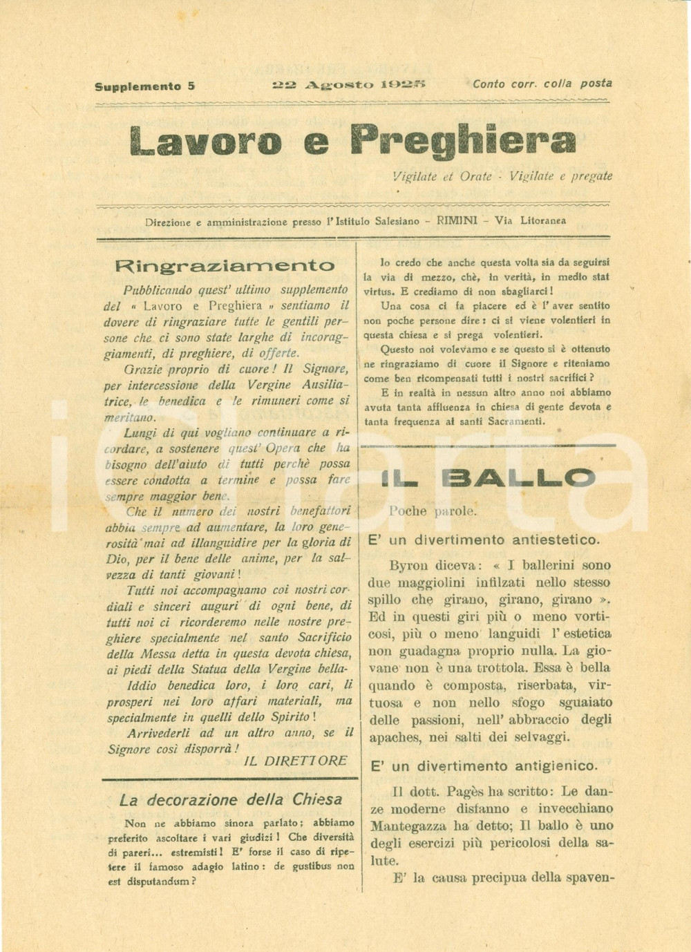 Giornale, rivista storica 1925 RIMINI Il ballo Ã¨ divertimento da selvaggi LAVORO E PREGHIERA Salesiani 1