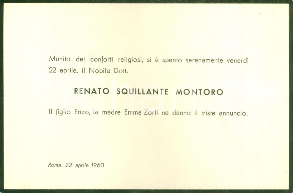Oggetto da collezione cartaceo 1960 ROMA Annuncio morte Renato SQUILLANTE MONTORO Biglietto 1