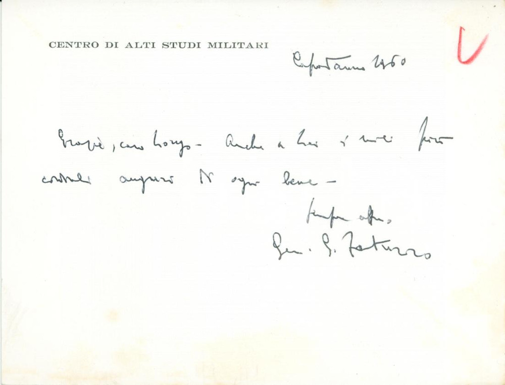 Oggetto da collezione cartaceo 1960 CENTRO ALTI STUDI MILITARI Autografo Generale ZATURRO Biglietto 1