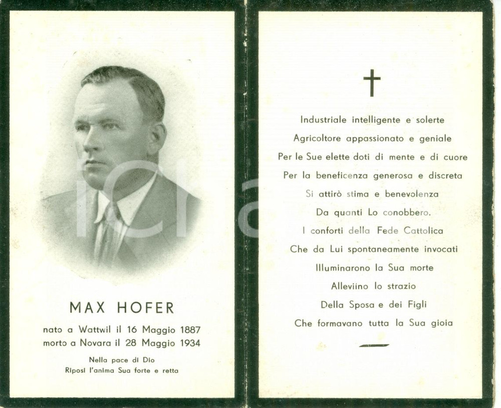 Oggetto da collezione cartaceo 1934 NOVARA Santino Max HOFER industriale e agricoltore CON FOTOGRAFIA 1