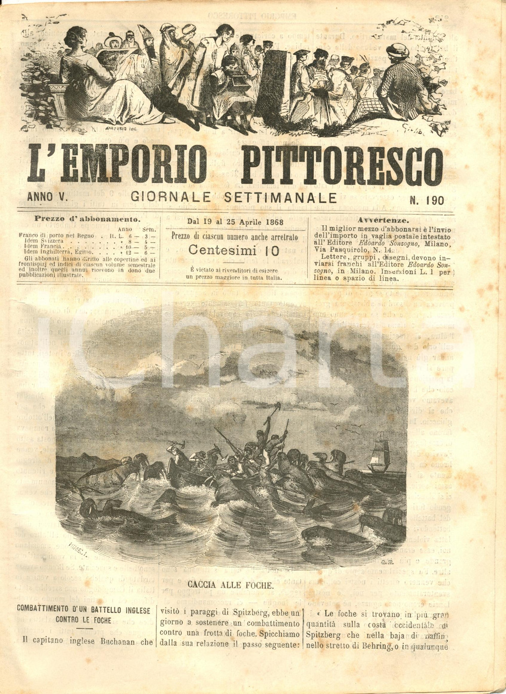 Giornale, rivista storica 1868 L EMPORIO PITTORESCO Combattimento battello inglese contro foche Rivista 1