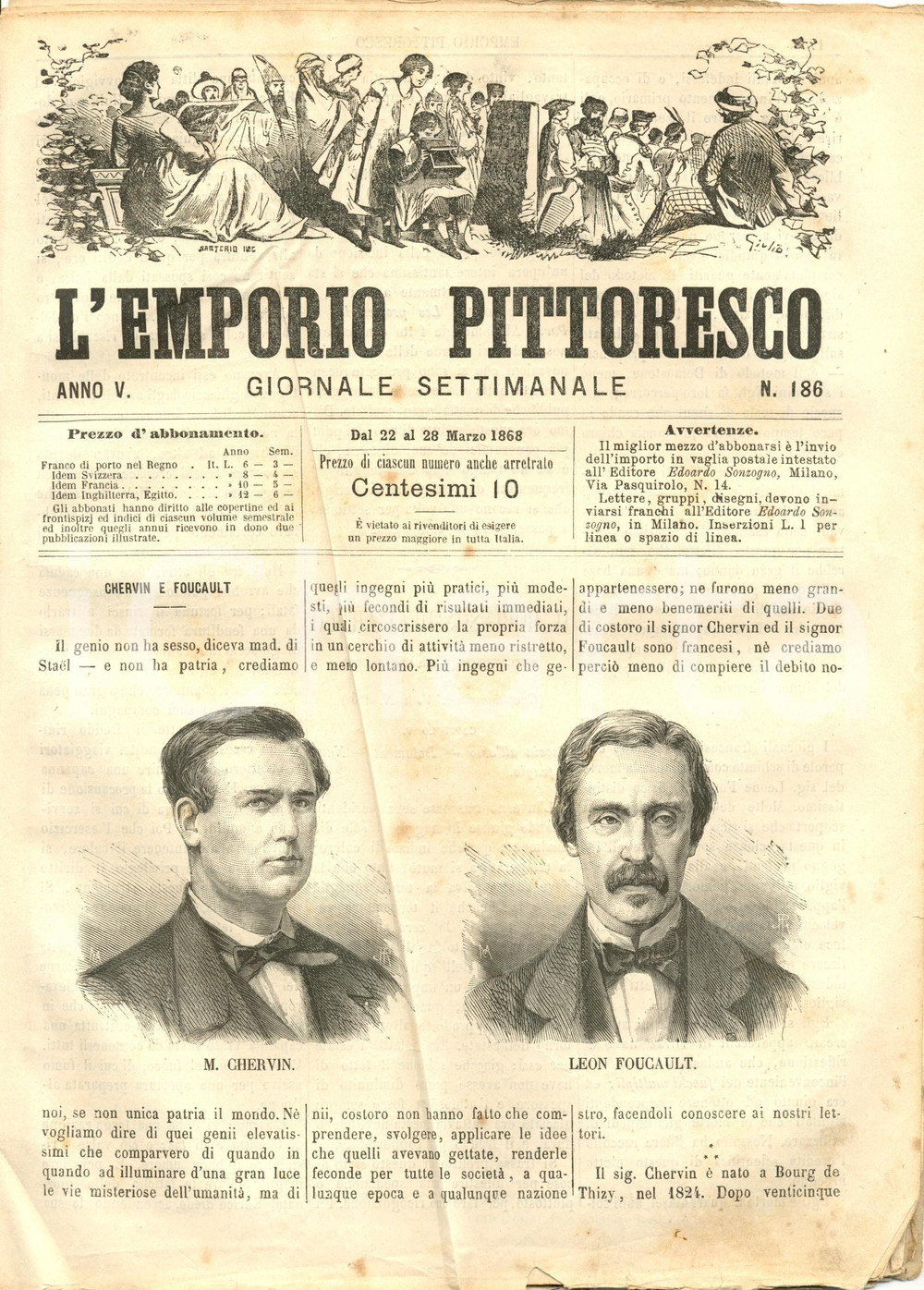 Giornale, rivista storica 1868 L EMPORIO PITTORESCO Chervin e Foucalt  casi d ingegno Rivista ILLUSTRATA 1