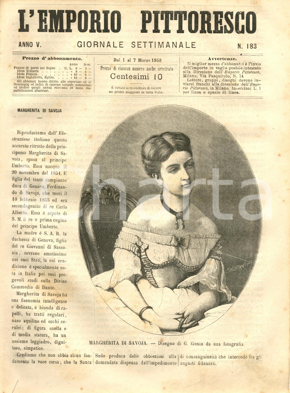 Giornale, rivista storica 1868 L EMPORIO PITTORESCO Ritratto Margherita di Savoia  Poteri AISSAUA Rivista 1