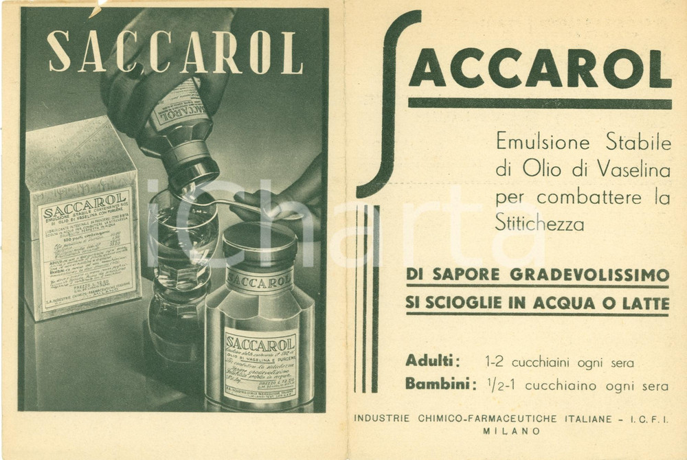 Materiale pubblicitario d’epoca 1938 MILANO Industrie chimicofarmaceutiche SACCAROL vaselina ILLUSTRATO 1