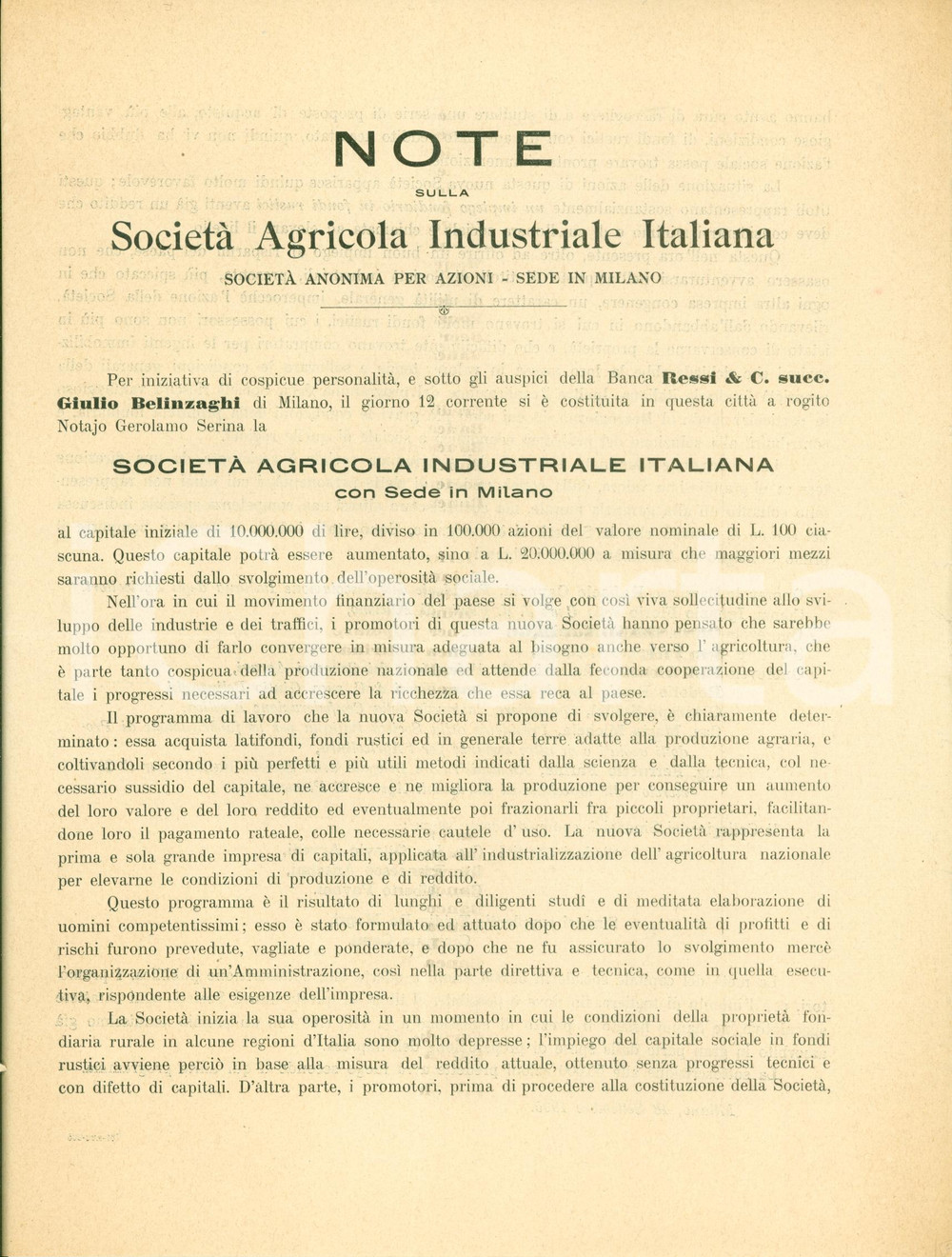 Documento originale, autentico 1905 MILANO Costituzione SocietÃ  Agricola Industriale Italiana Documento 1