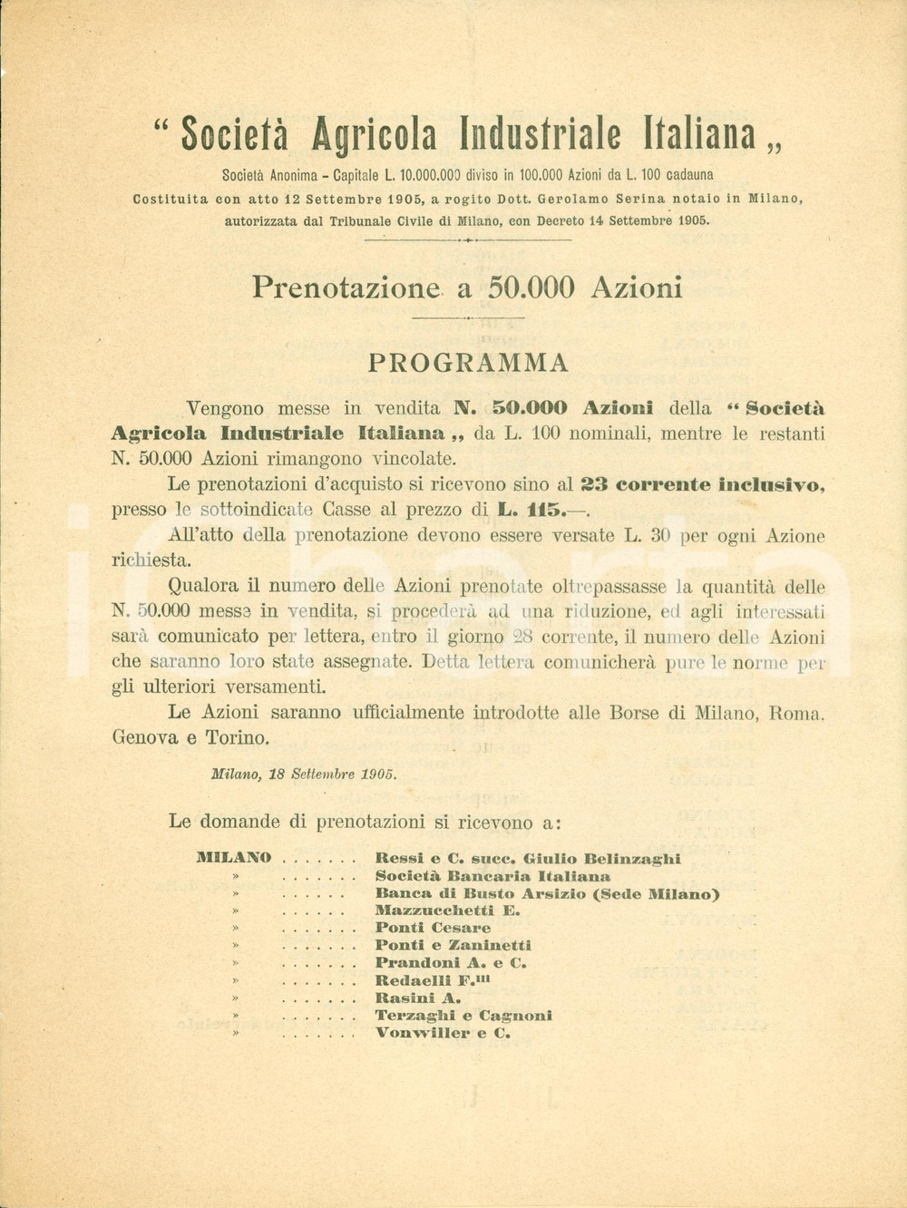Documento originale, autentico 1905 MILANO Società Agricola Industriale Italiana vende azioni Documento 1