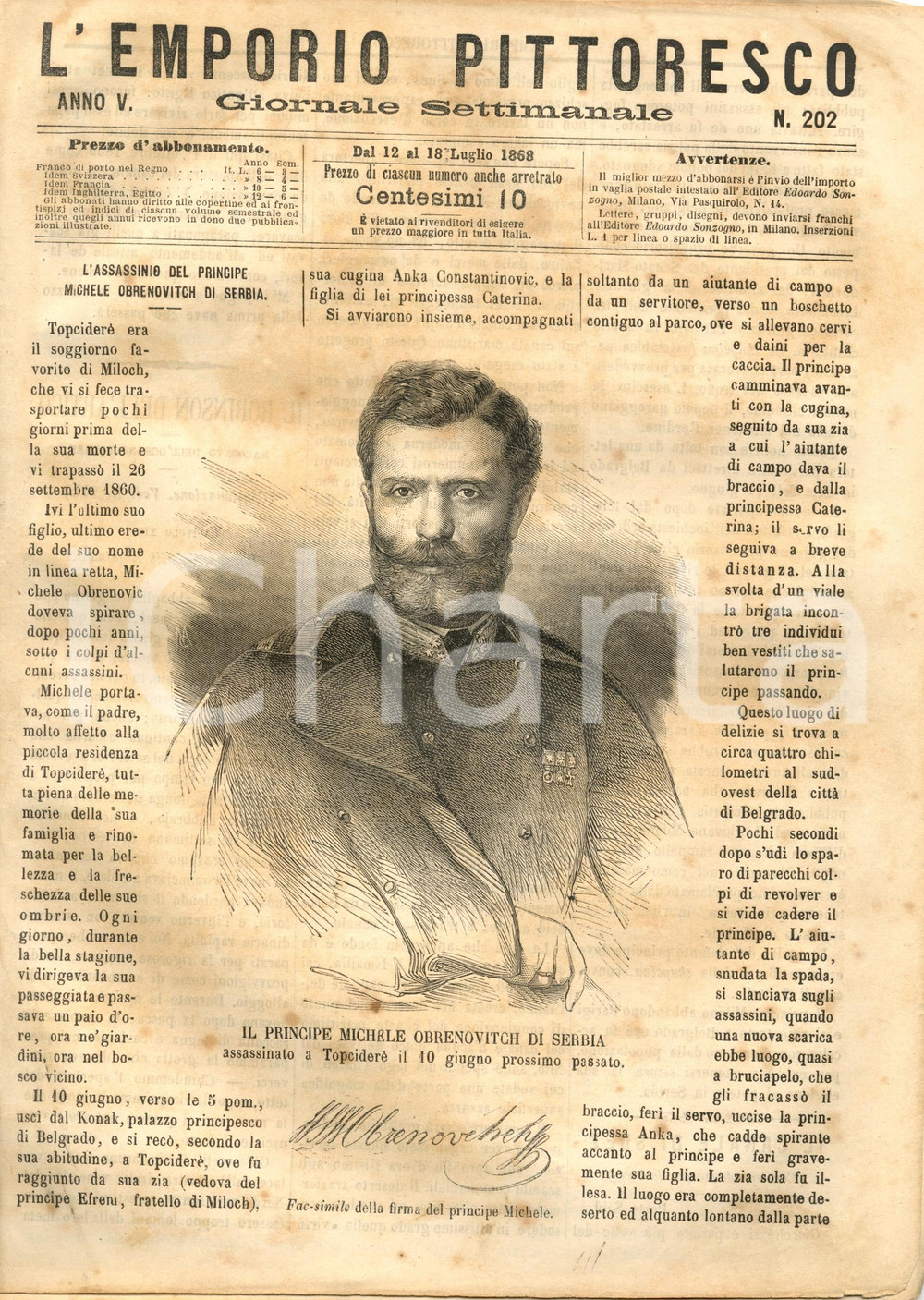 Giornale, rivista storica 1868 L EMPORIO PITTORESCO Assassinio del principe OBRENOVITCH Rivista ILLUSTRATA 1