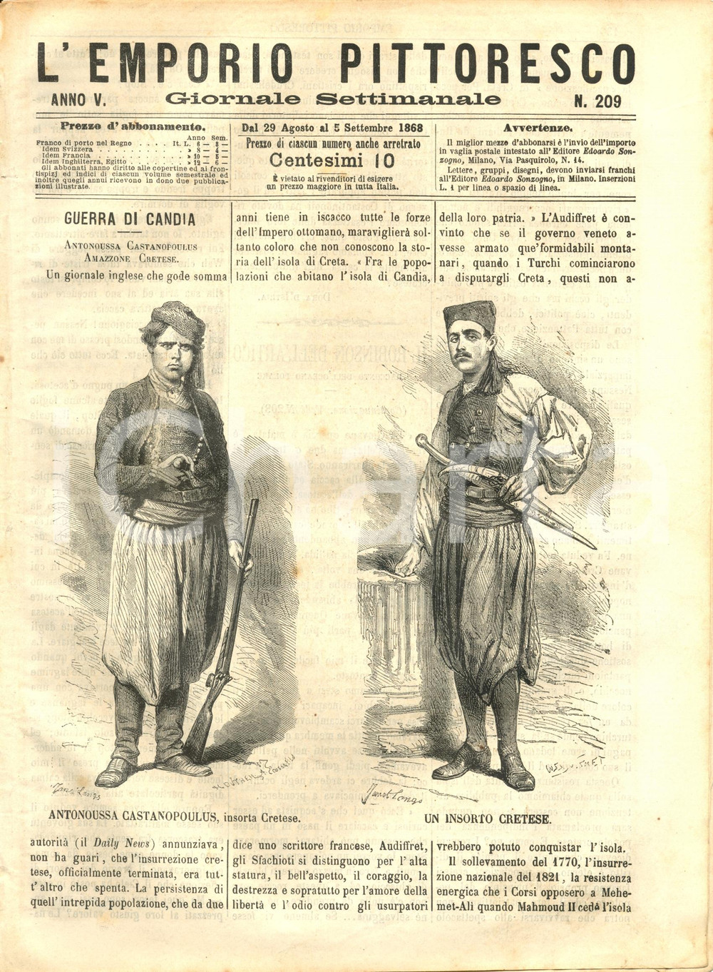 Giornale, rivista storica 1868 L EMPORIO PITTORESCO Guerra dell isola greca di CANDIA Rivista ILLUSTRATA 1