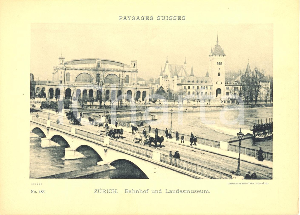 Cartolina originale da collezione 1940 ca ZURICH CH Paysage  Bahnhof und Landersmuseum Cartoncino ANIMATO 1