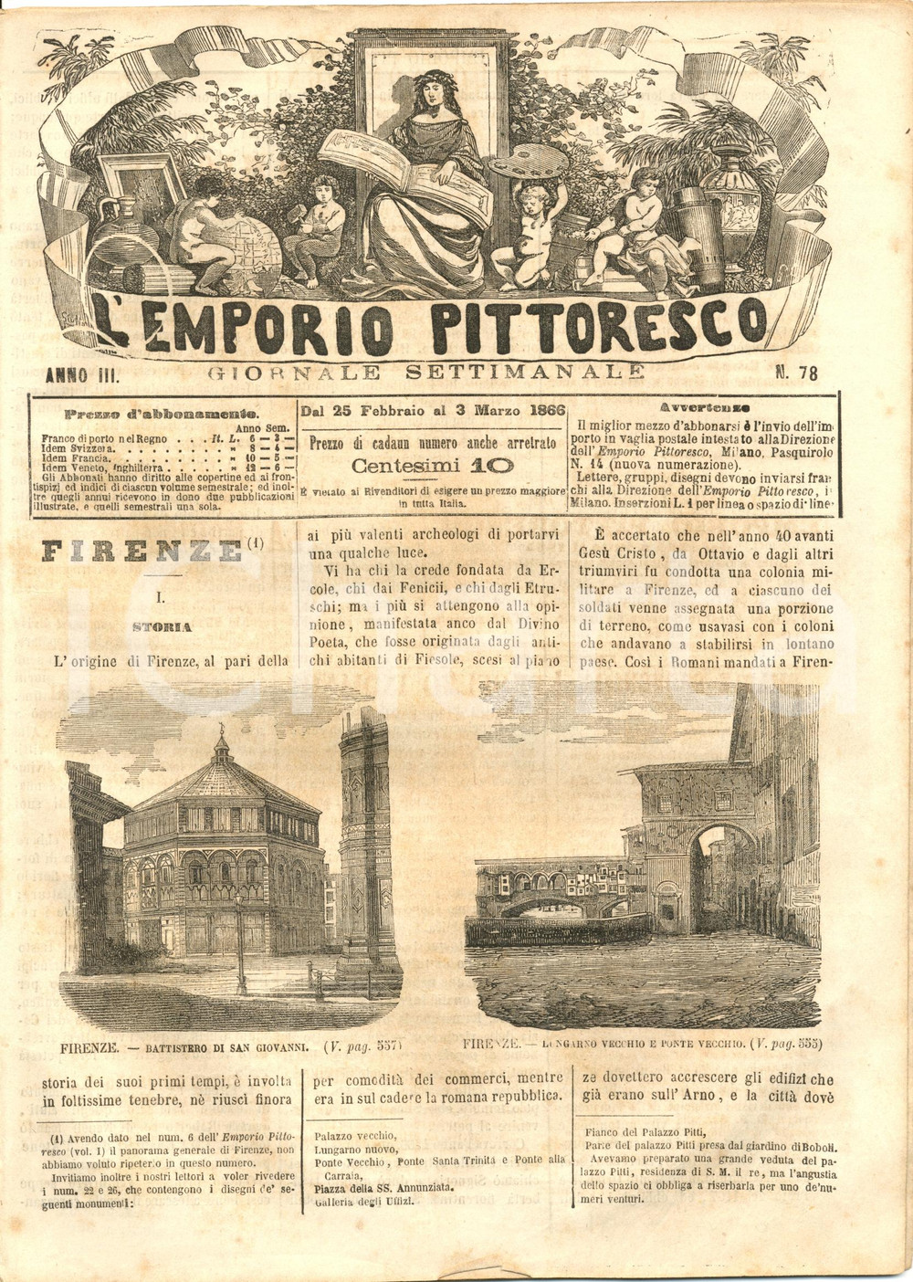 Giornale, rivista storica 1866 L EMPORIO PITTORESCO Storia di FIRENZE con incisioni Rivista ILLUSTRATA 1