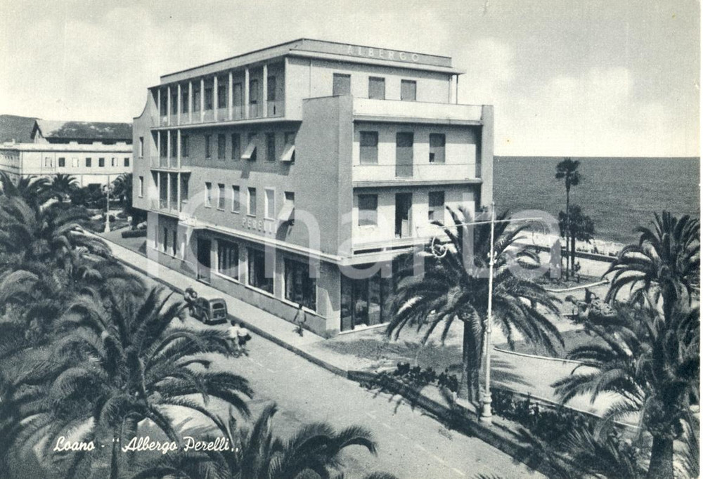 Cartolina originale da collezione 1950 ca LOANO SV Albergo PERELLI  FIAT TOPOLINO TORPEDO Cartolina animata 1