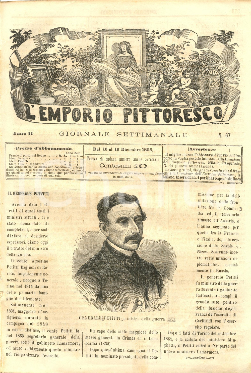 Giornale, rivista storica 1865 L EMPORIO PITTORESCO Ministro della Guerra PETITTI Rivista ILLUSTRATA 1