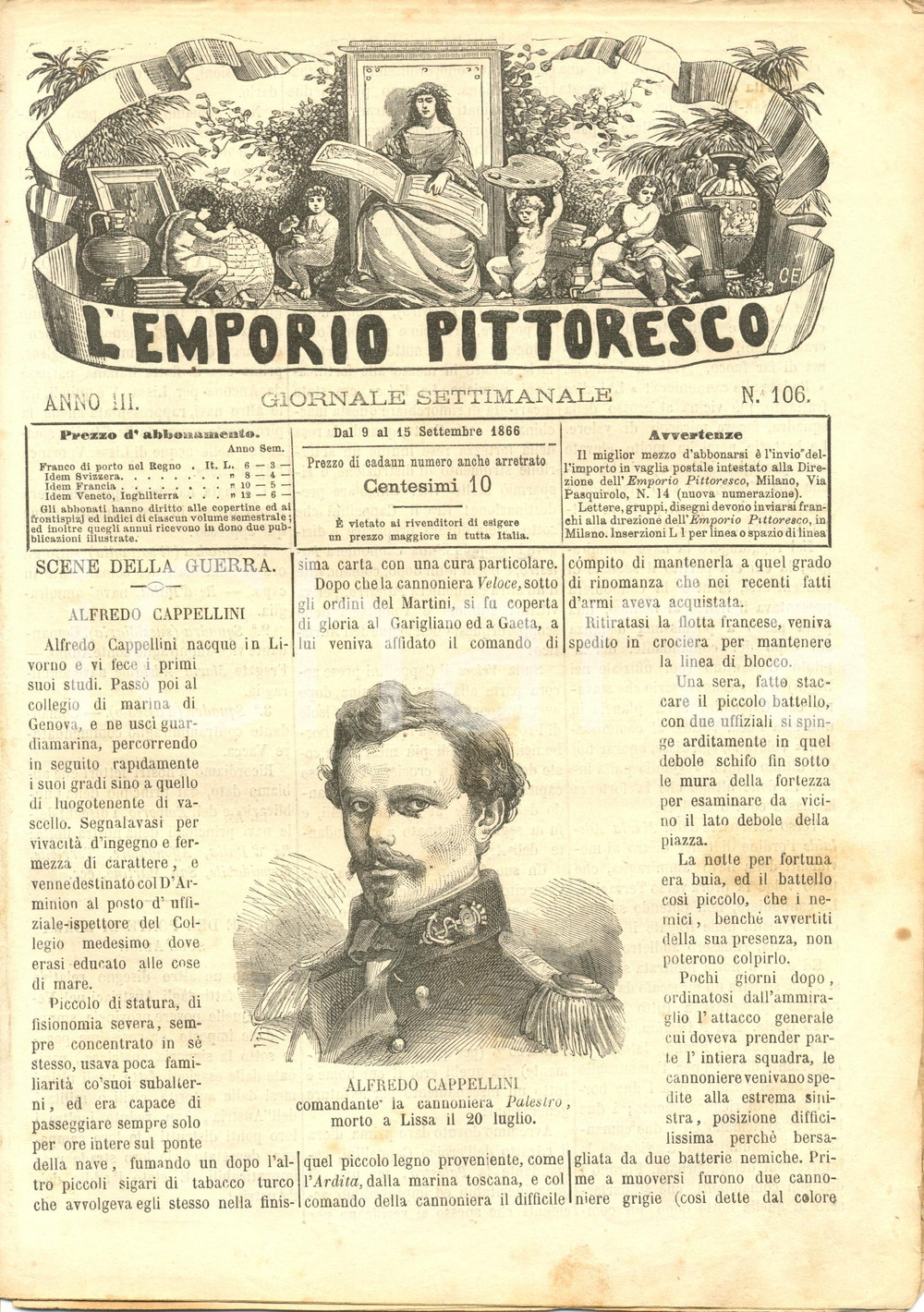 Giornale, rivista storica 1866 L EMPORIO PITTORESCO Il comandante Alfredo CAPPELLINI Rivista INCOMPLETA 1
