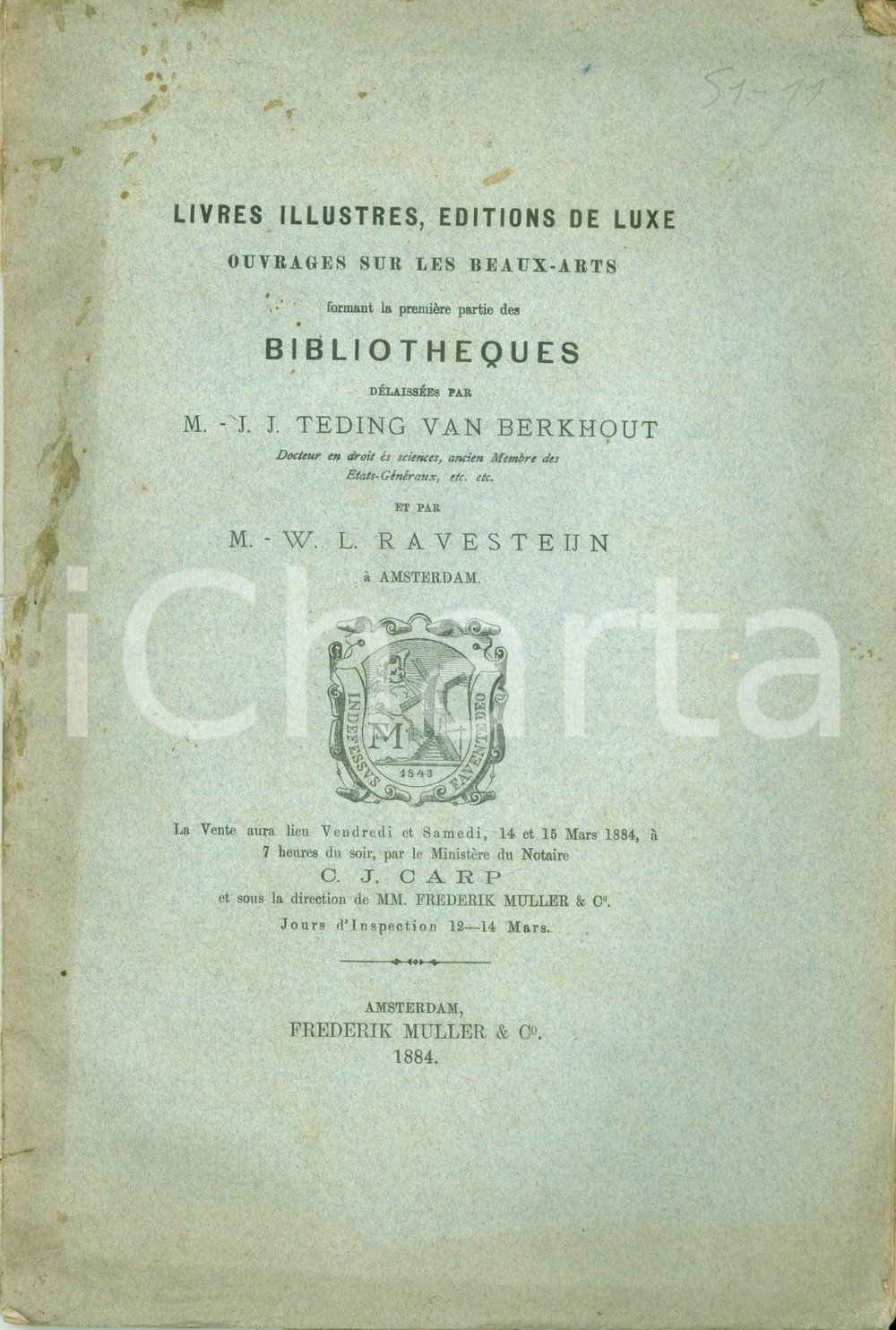 Libro, pubblicazione d epoca 1884 AMSTERDAM NL BibliothÃ¨ques J.J. TEDING VAN BERKHOUT Asta Frederik MULLER 1