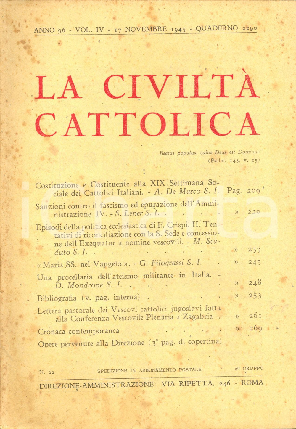 Giornale, rivista storica 1945 LA CIVILTA  CATTOLICA Salvatore LENER Sanzioni contro il fascismo Rivista 1