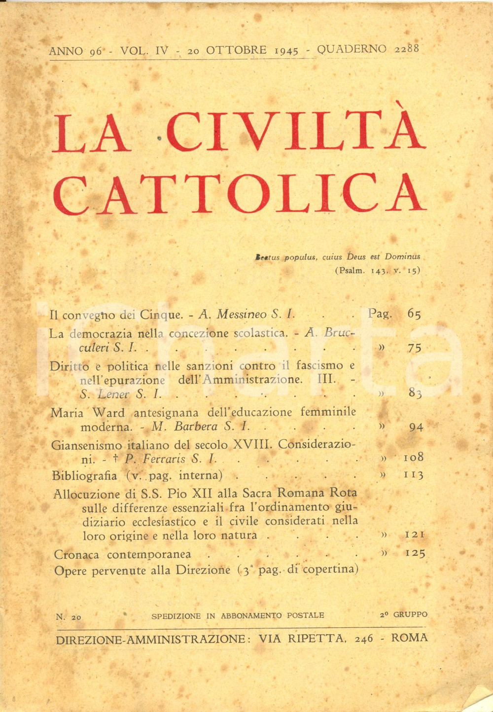 Giornale, rivista storica 1945 LA CIVILTA  CATTOLICA S. LENER Diritto politica nelle SANZIONI vs FASCISMO 1