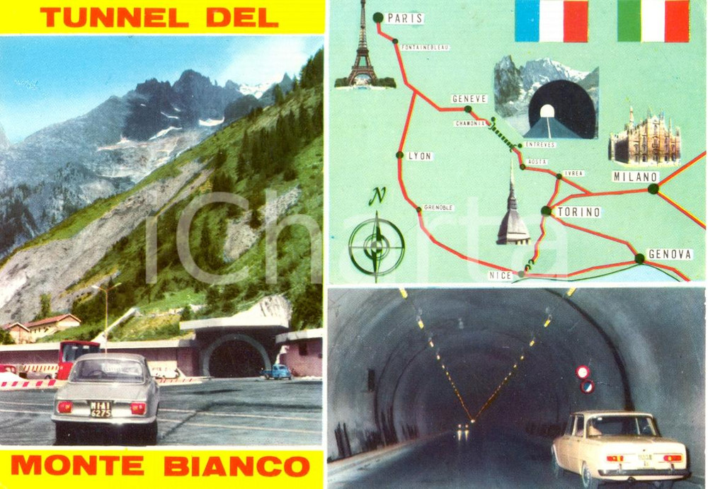 Cartolina originale da collezione 1966 COURMAYEUR AO Vedutine Tunnel MONTE BIANCO Cartolina animata FG VG 1