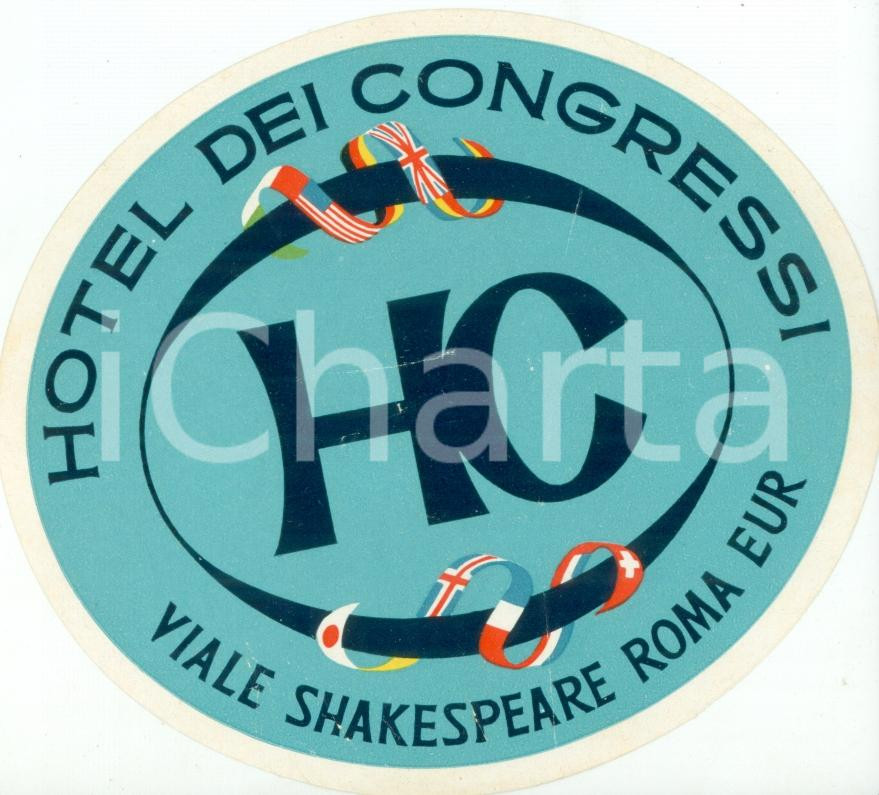 Materiale pubblicitario d’epoca 1950 ca ROMA EUR Etichetta pubblicitaria HOTEL DEI CONGRESSI 1