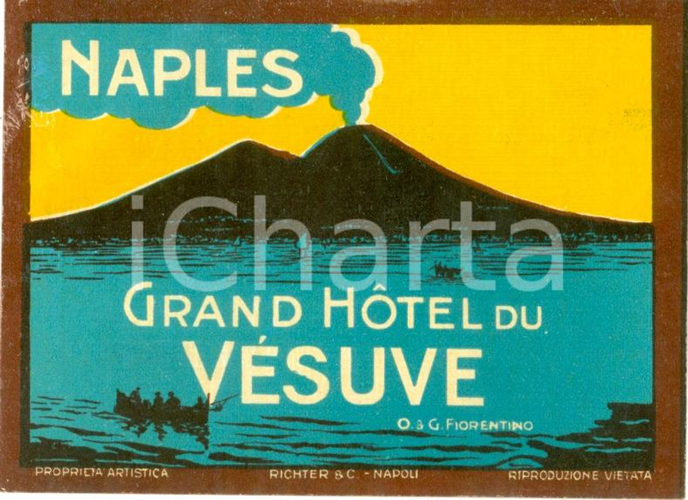Materiale pubblicitario d’epoca 1940 ca NAPOLI Grand Hotel du VESUVE Etichetta pubblicitaria ILLUSTRATA 1