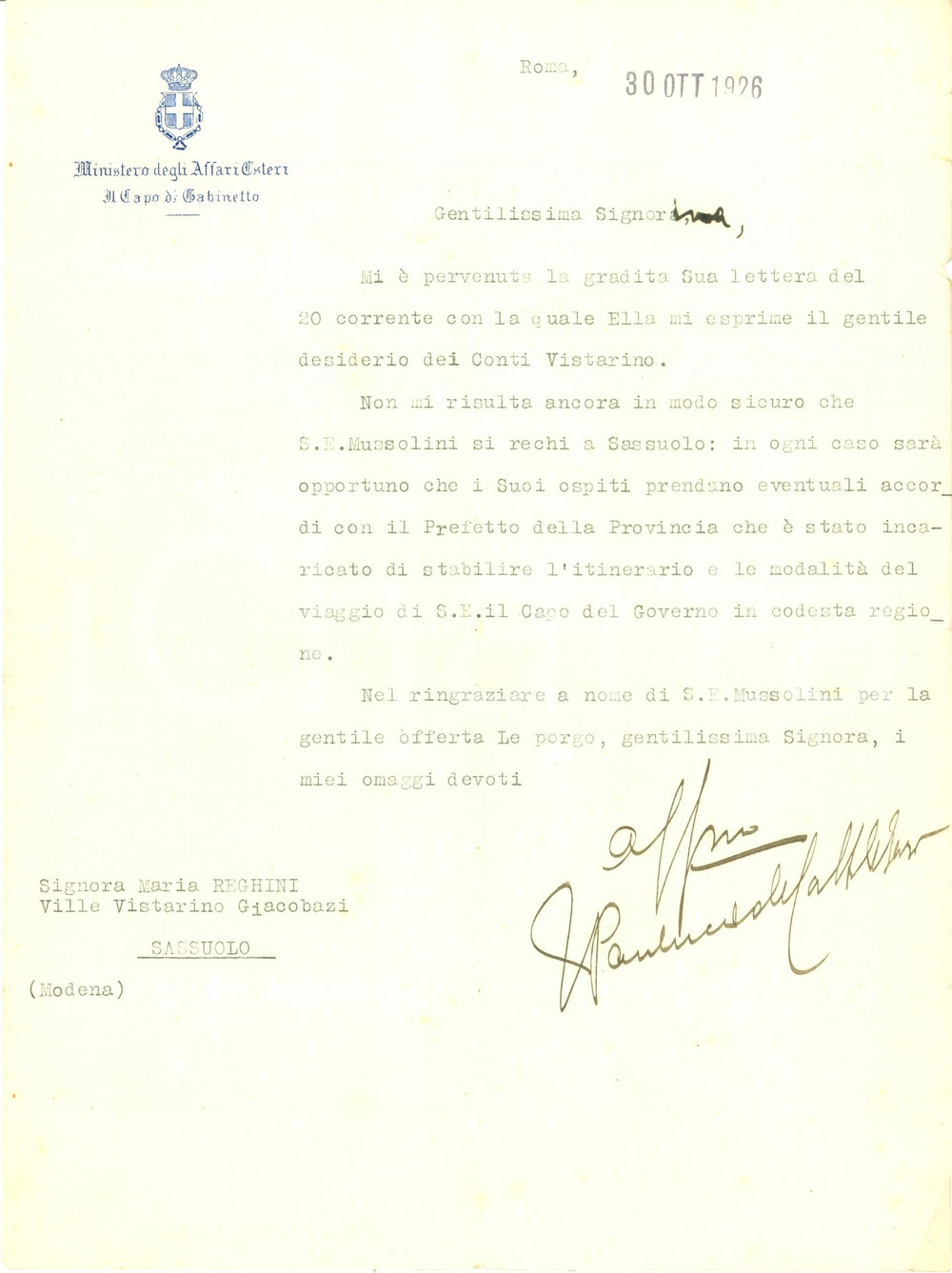 Autografo originale 1926 ROMA Giacomo PAULUCCI DI CALBOLI ringrazia conti VISTARINO AUTOGRAFO 1