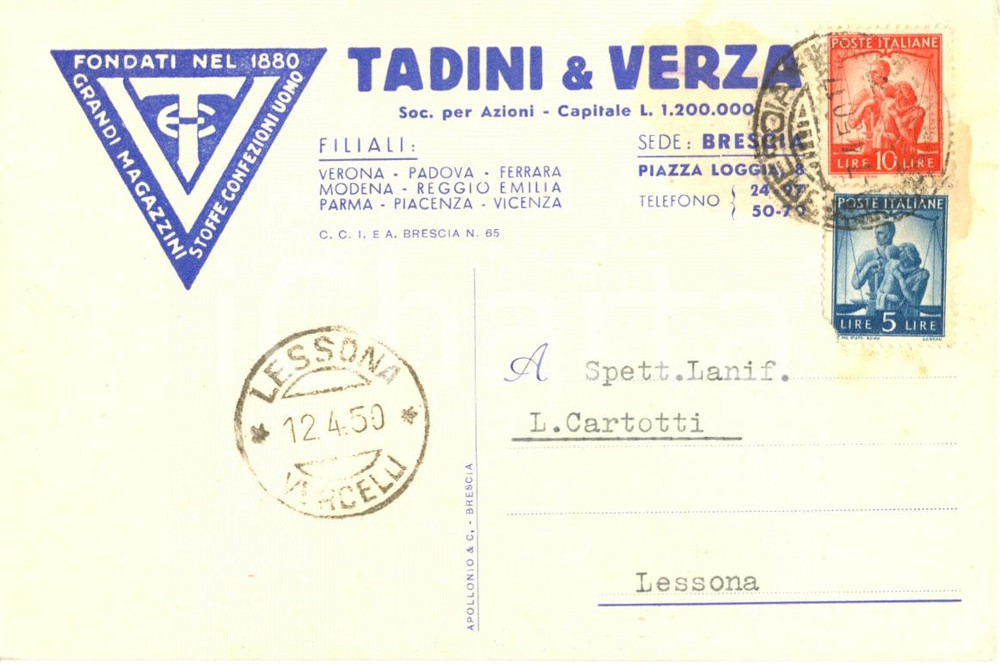 Cartolina originale da collezione 1950 BRESCIA SocietÃ  TADINI & VERZA Cartolina commerciale FG VG 1