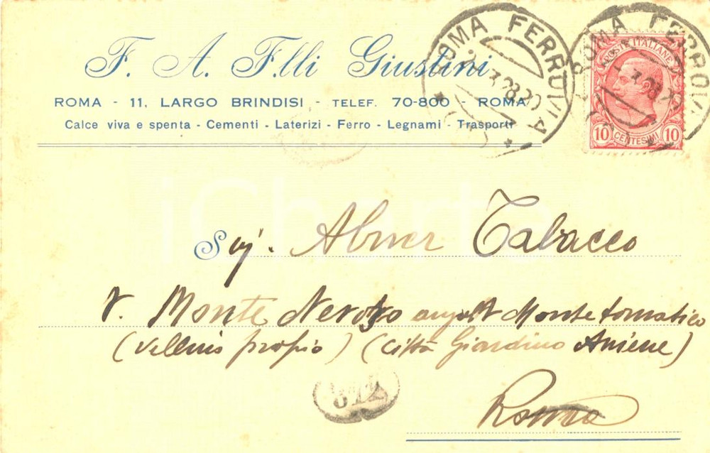 Cartolina originale da collezione 1928 ROMA Fratelli GIUSTINI Cementi  Laterizi  Legnami Cartolina commerciale 1