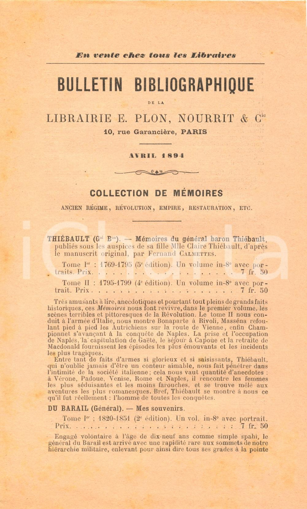 Documento originale, autentico 1894 PARIS Librairie PLON, NOURRIT & C.  Bullettin bibliographique  MÃ©moires 1