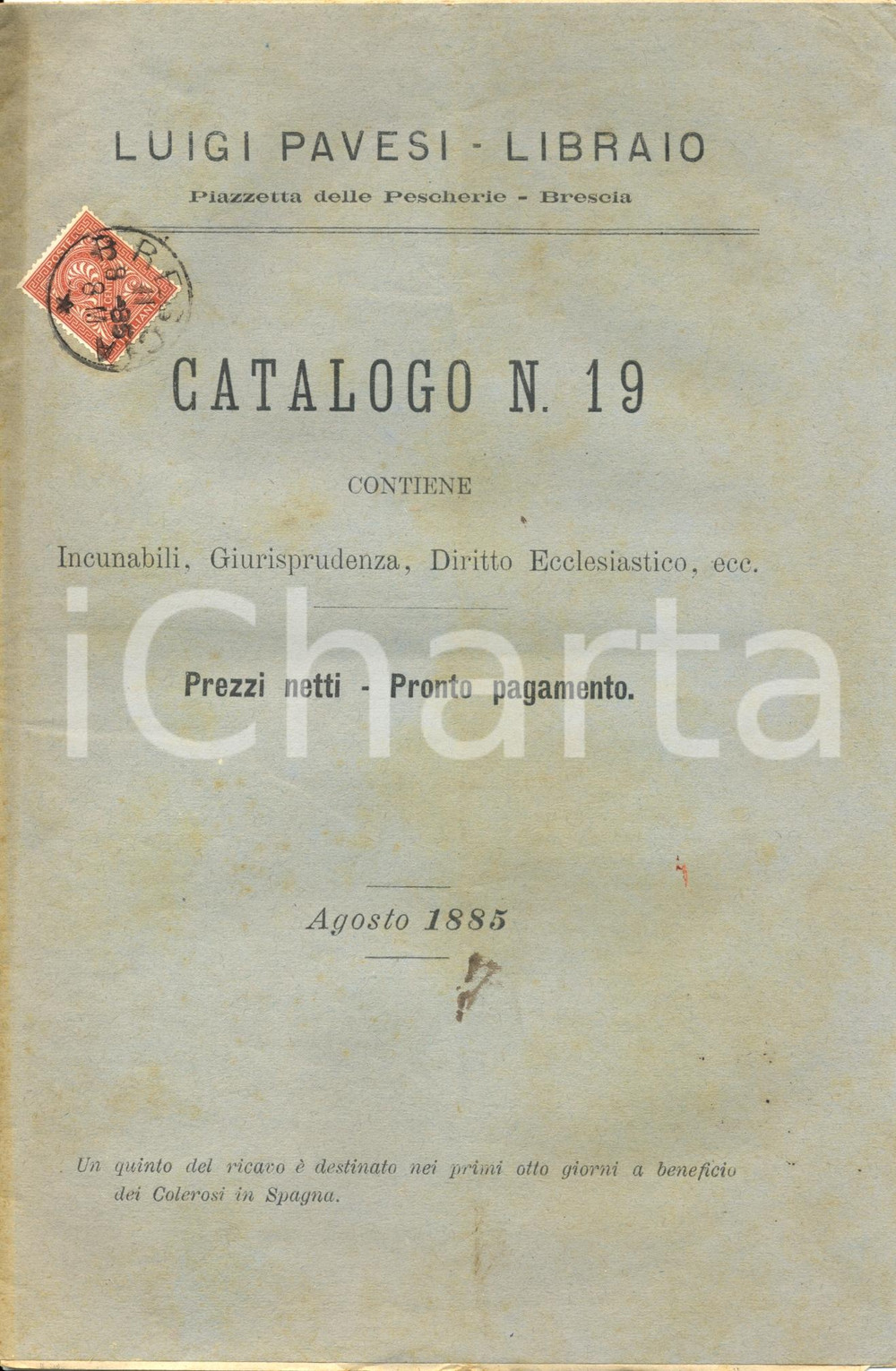 Documento originale, autentico 1885 BRESCIA Luigi PAVESI libraio Catalogo libri  INCUNABOLI  DIRITTO 1