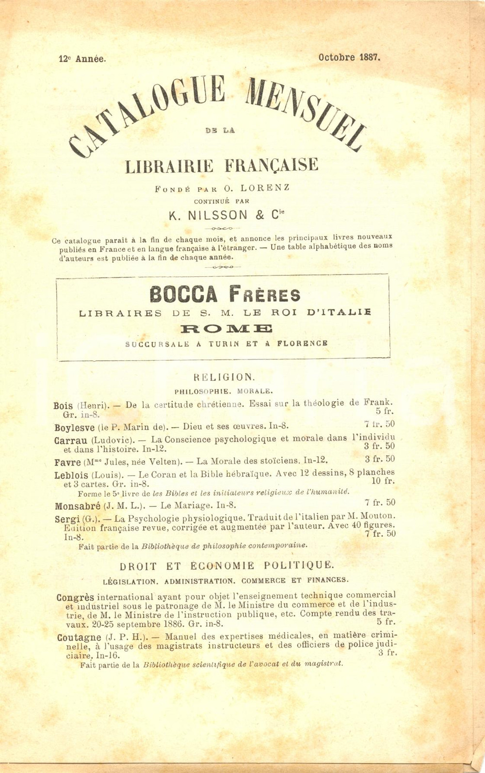 Libro, pubblicazione d epoca 1887 PARIGI Catalogue Librairie NILSSON  Fratelli BOCCA Vendita libri 1