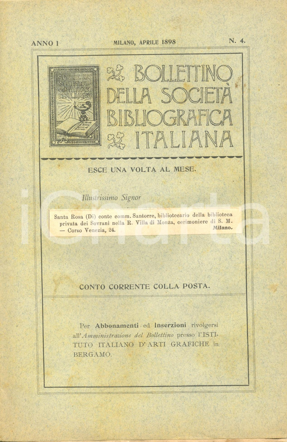 Giornale, rivista storica 1898 MILANO Achille BERTARELLI Stampe SOCIETA  BIBLIOGRAFICA ITALIANA Bollettino 1