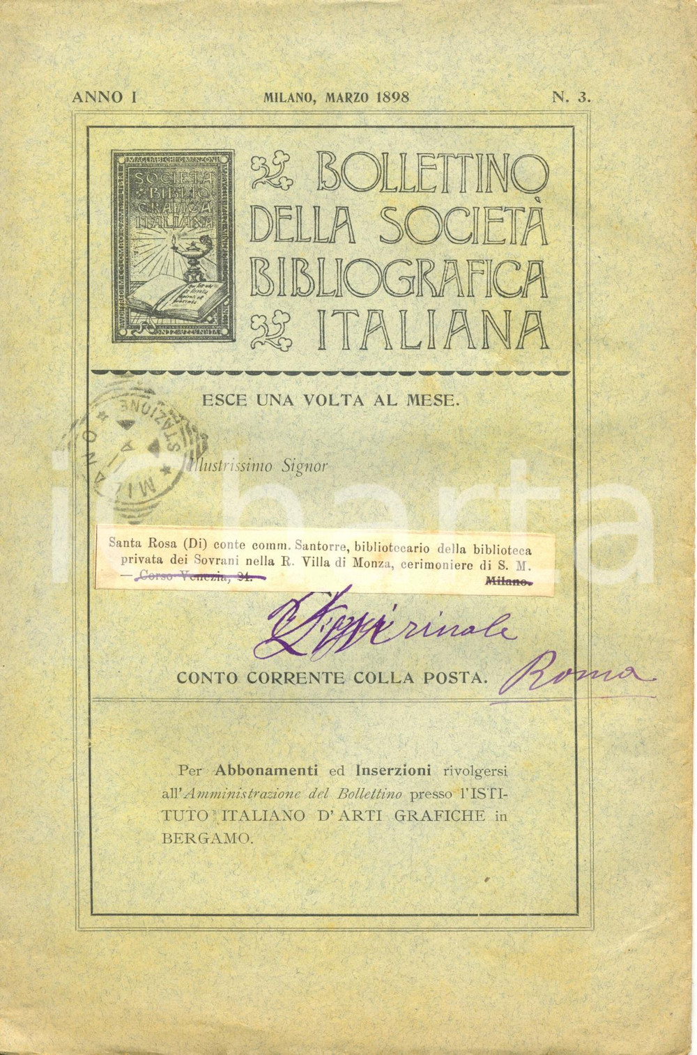 Giornale, rivista storica 1898 MILANO Bollettino SOCIETA  BIBLIOGRAFICA ITALIANA  Biblioteche CARCERARIE 1