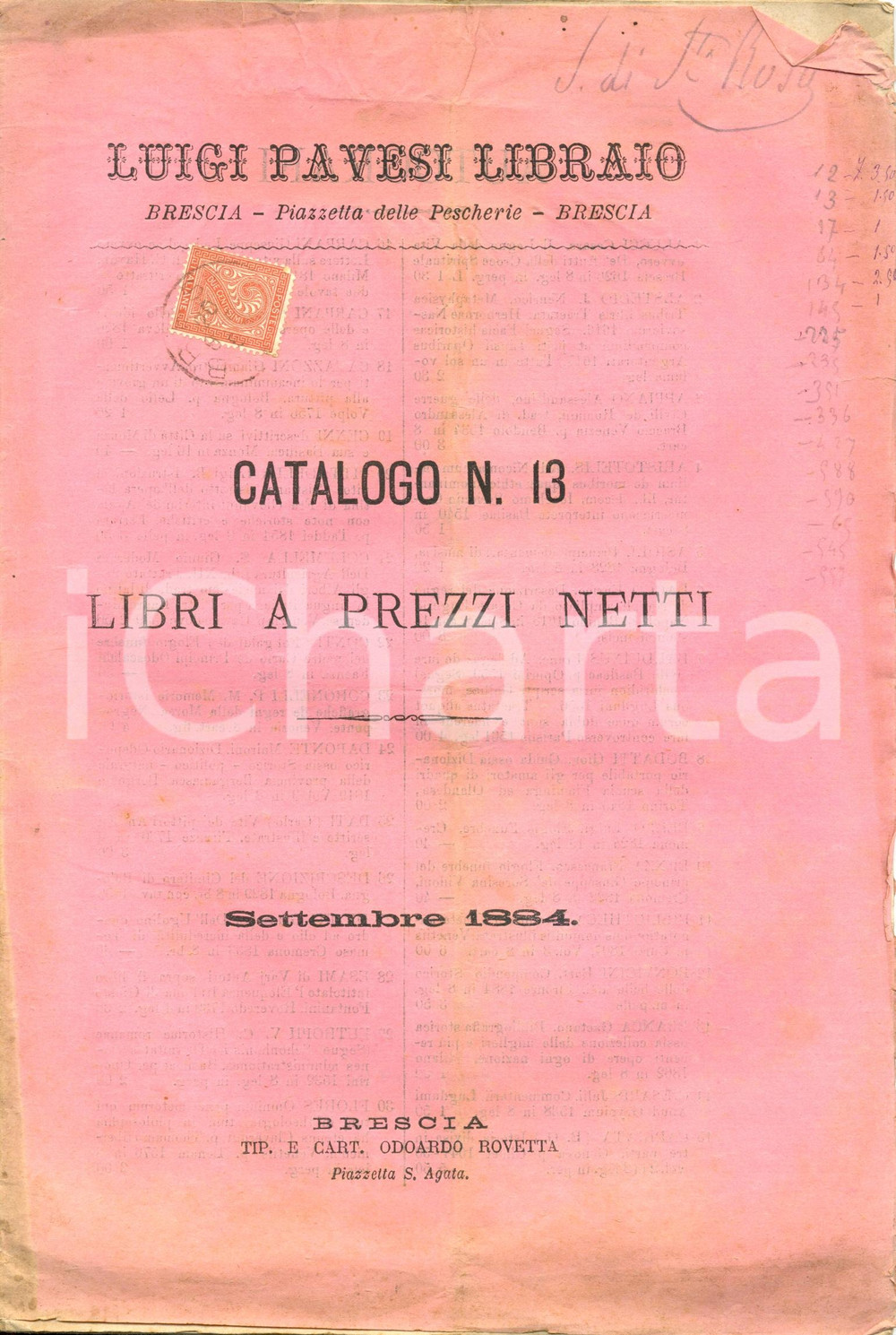 Documento originale, autentico 1884 BRESCIA Luigi PAVESI libraio Catalogo libri a prezzi netti n. 13 700 schede 1