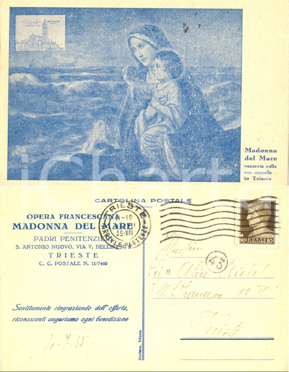 Cartolina originale da collezione 1935 TRIESTE Opera Francescana MADONNA DEL MARE Cartolina postale FP VG 1