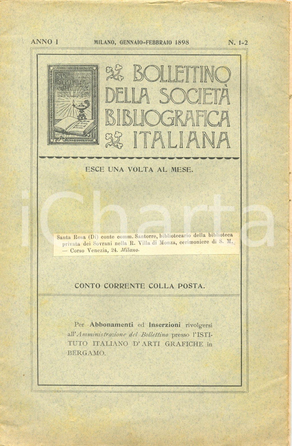 Libro, pubblicazione d epoca 1898 MILANO Statuto Bollettino SOCIETA  BIBLIOGRAFICA ITALIANA  Anno 1 nÂ° 12 1
